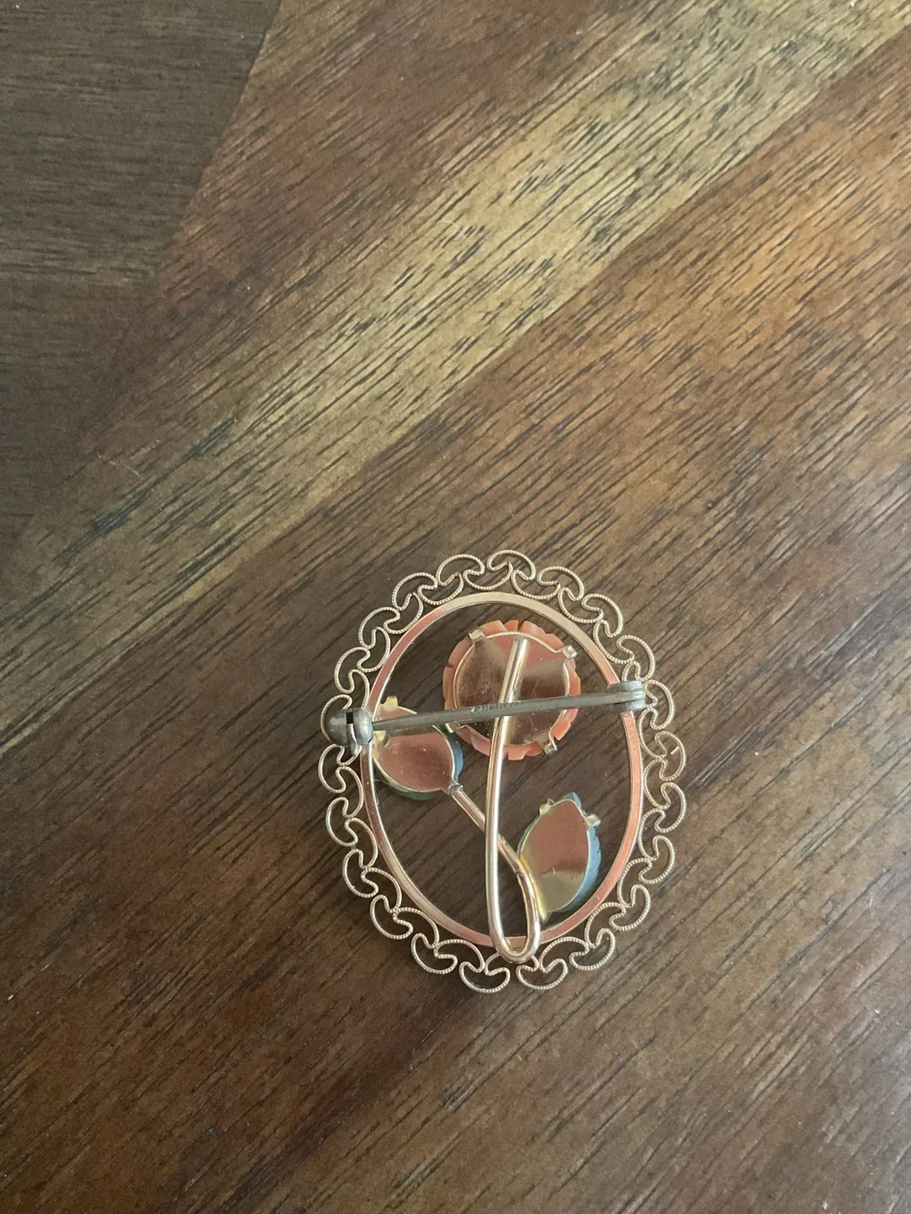 Krementz Carved Coral and Jade Rose Flower Filigree Brooch
